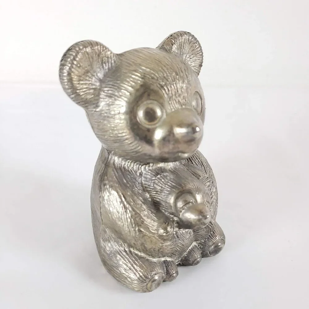 Baby Bear Holding Teddy Bear - Metal Bank / Statue - Vintage Made Taiwan 1970's!